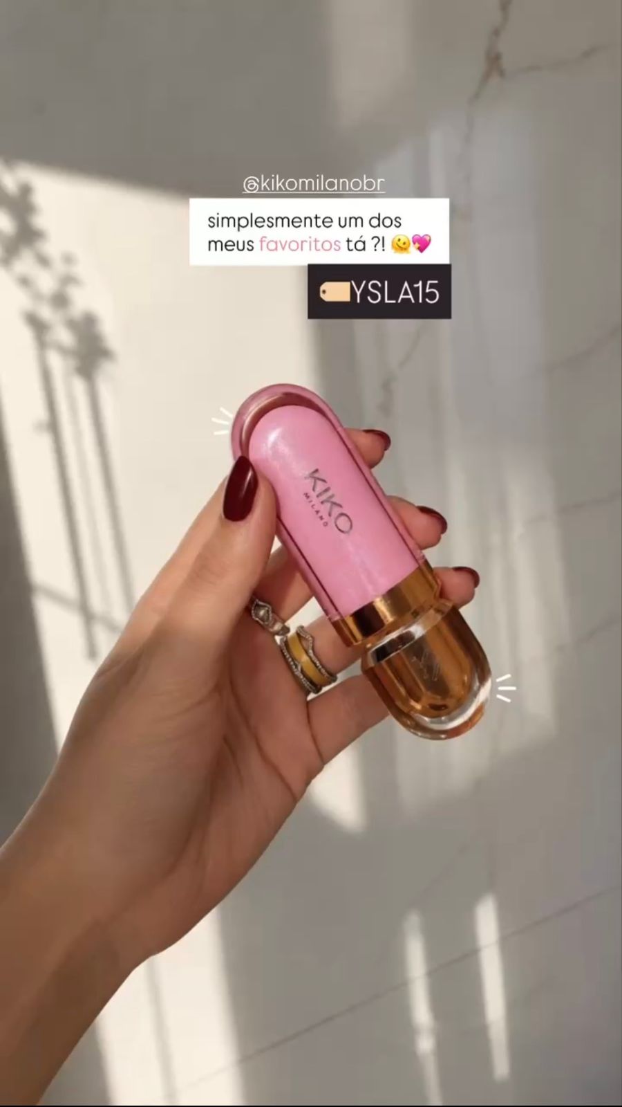 Story de publicidade para Kiko Milano com iluminador em embalagem rosa
