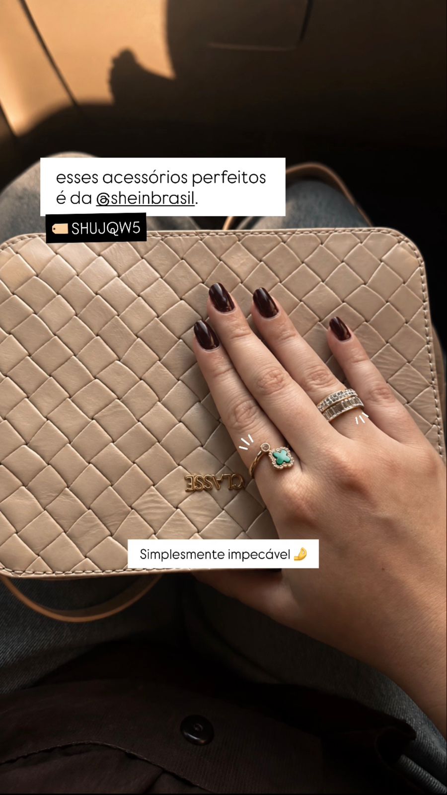 Story de acessórios e bolsa em tom nude para Shein Brasil